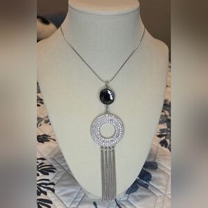 Silver Tone Crystal Circle Pendant Necklace 30” | Statement Tassel Chain